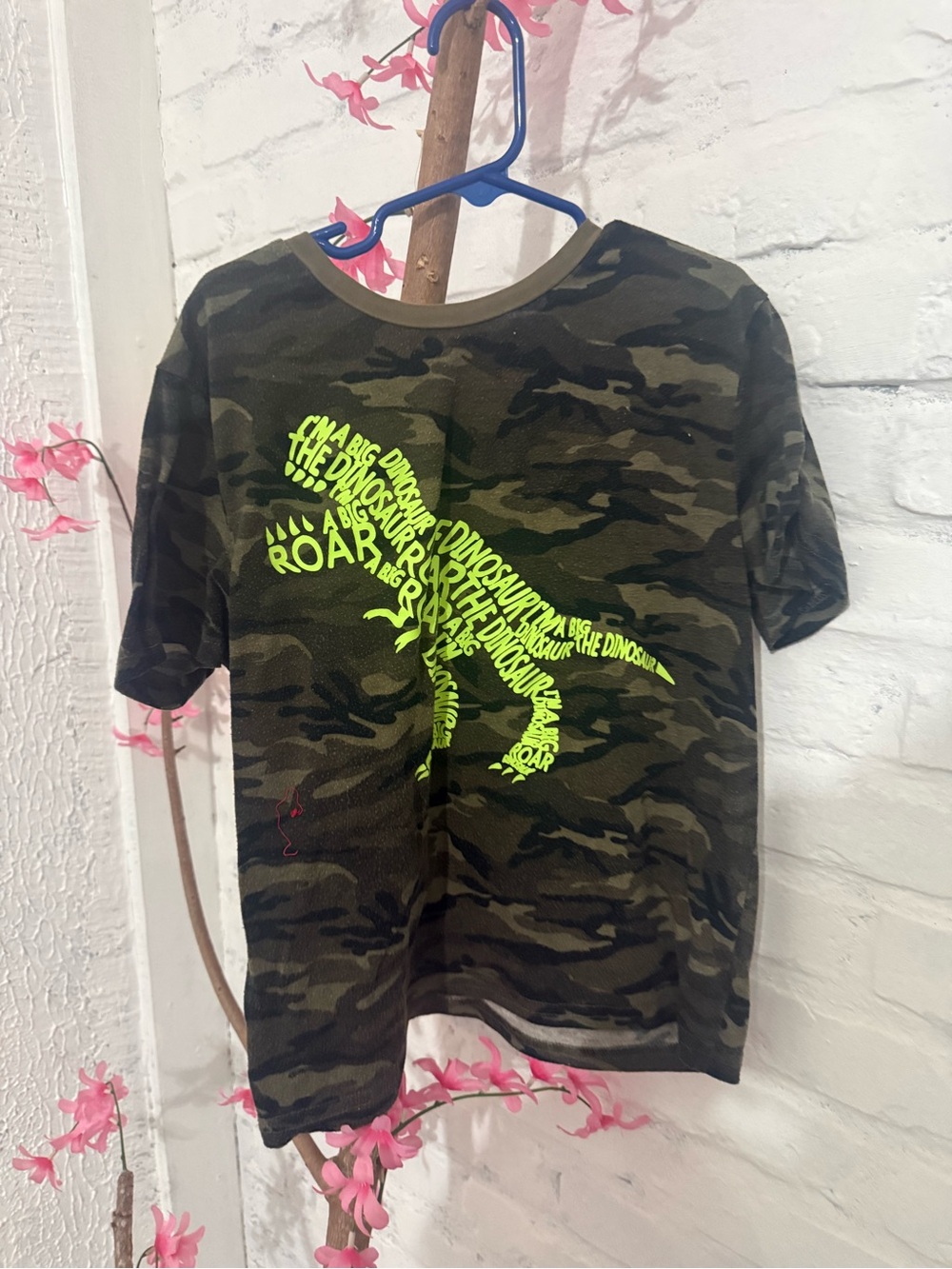 SHEIN Green Camo Tee with Neon Yellow Dino Graphic